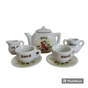 Vintage Miniature Ohio Ceramic Child's Tea Set Eight Pieces State Bird Cardinal